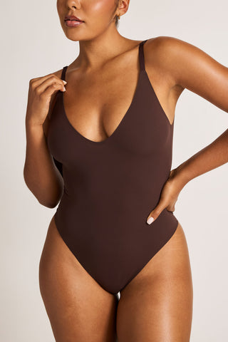 Detail view of Base Cami Bodysuit in Espresso for sizer
