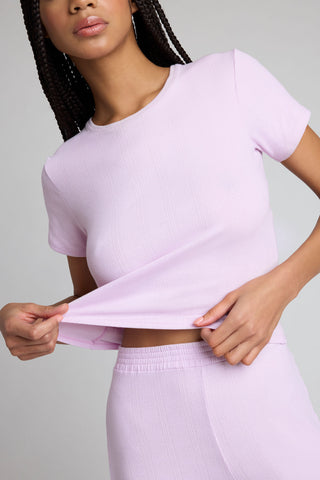 Detail view of Pointelle Baby Tee in Lilac for sizer