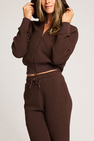 Detail view of Waffle Knit Zip-Up Hoodie in Espresso for sizer