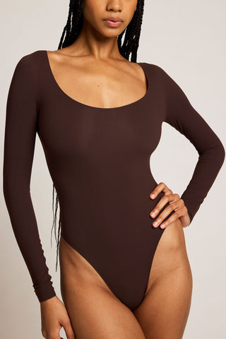 Detail view of Base Ballet Bodysuit in Espresso for sizer