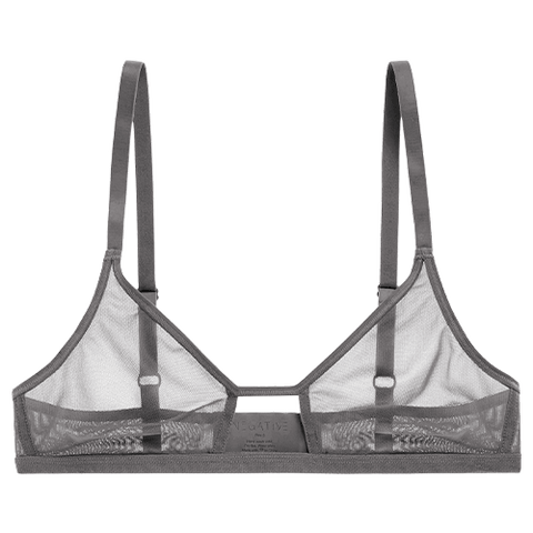 Detail view of Sieve Cutout Bra in Graphite for sizer