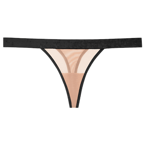 Detail view of Sieve Thong in Buff + Black for sizer