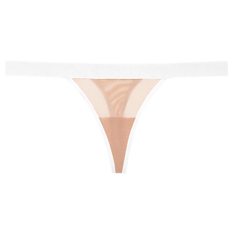 Detail view of Sieve Thong in Buff + White for sizer